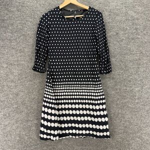 Here & Now Dress Women S Small Black Polka Dot Shift Midi 3/4 Sleeve Lined